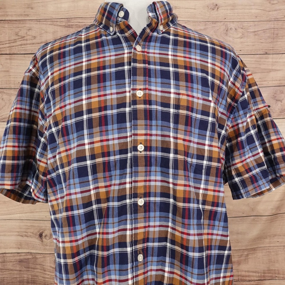 Roundtree & Yorke Shirt Mens 2XL Blue Plaid Short Sleeve Button-Up Cotton Casual